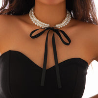 Thumbnail for Baroque Layered Ribbon Bowknot Pearl Chain Necklace - ArtGalleryZen