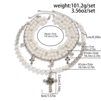 Thumbnail for Baroque Layered Rose Cross Pendant Pearl Chain Necklace Set - ArtGalleryZen