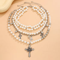 Thumbnail for Baroque Layered Rose Cross Pendant Pearl Chain Necklace Set - ArtGalleryZen