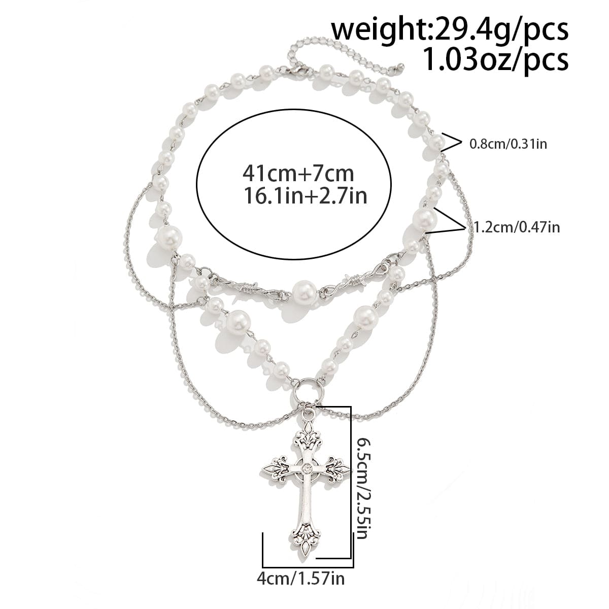 Baroque Layered Silver Plated Cross Pendant Pearl Chain Necklace - ArtGalleryZen