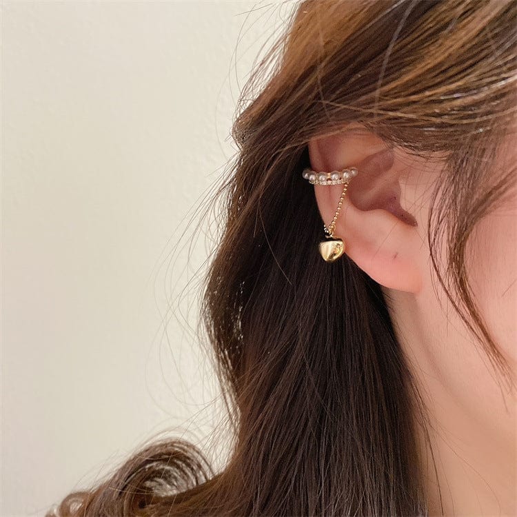Baroque Pearl CZ Inlaid Heart Dangle Ear Cuff Earring - ArtGalleryZen