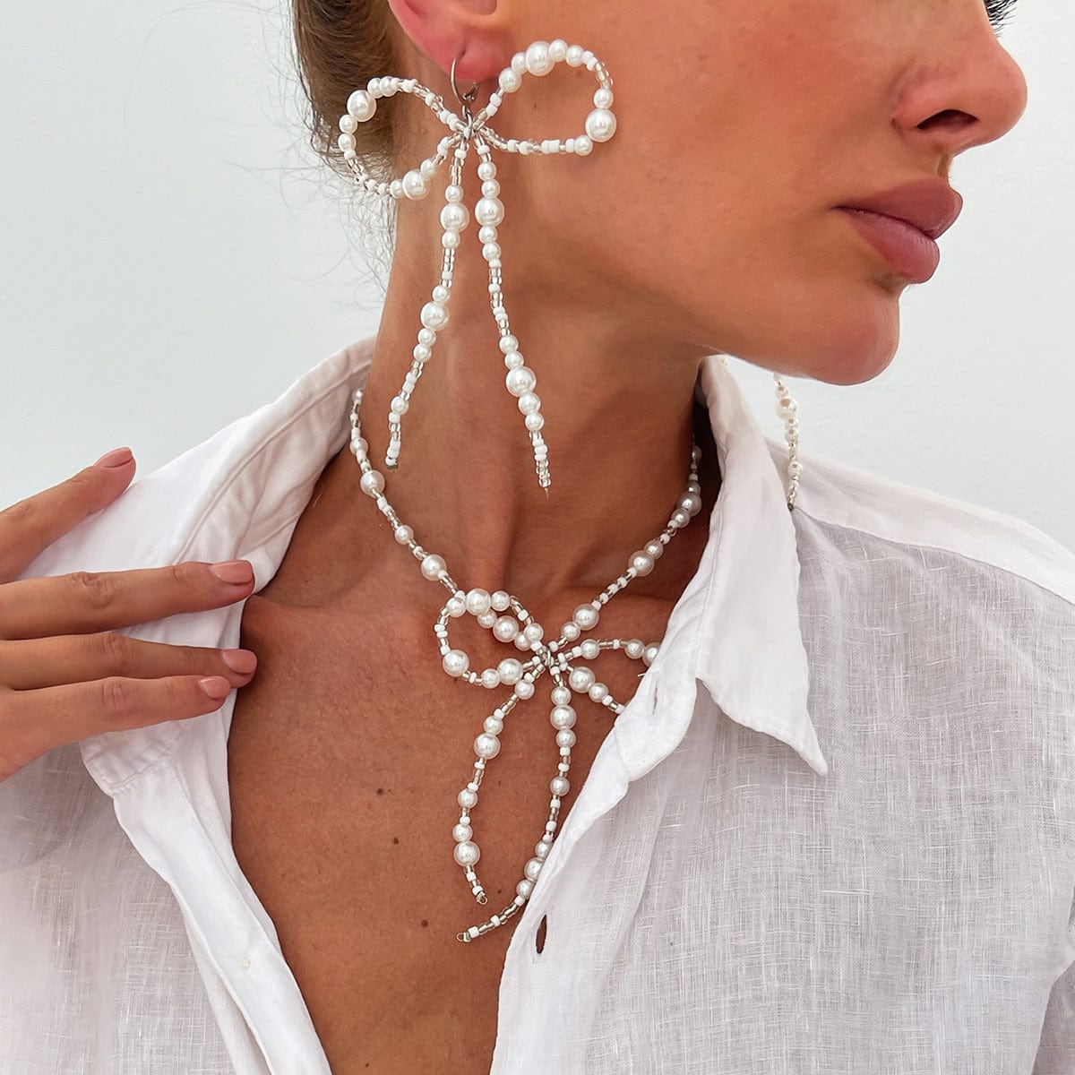 Baroque Pearl Seed Beaded Bowknot Necklace Earrings Set - ArtGalleryZen