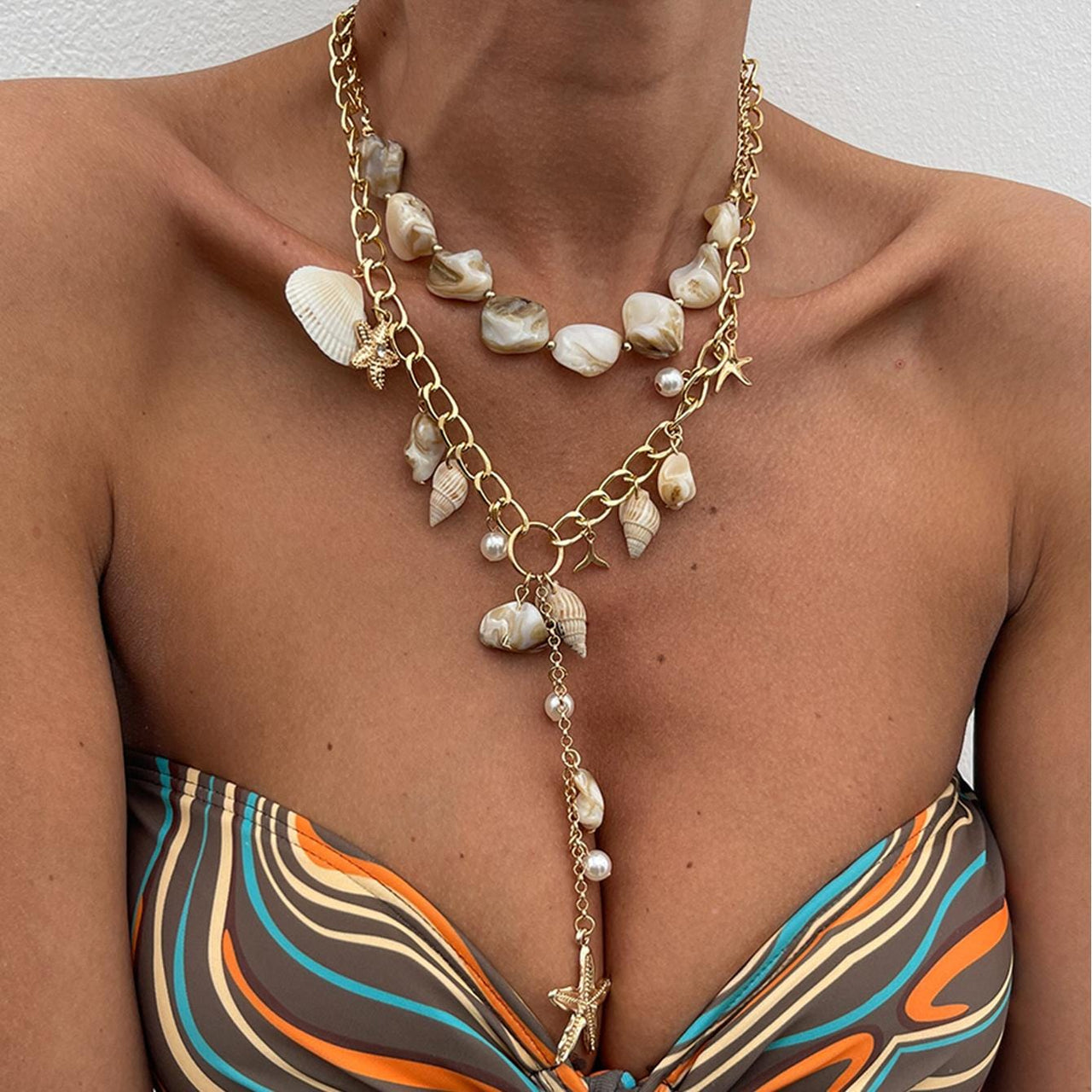 Beach Style 2pcs Conch Shell Starfish Pearl Tassel Y Necklace Set - ArtGalleryZen