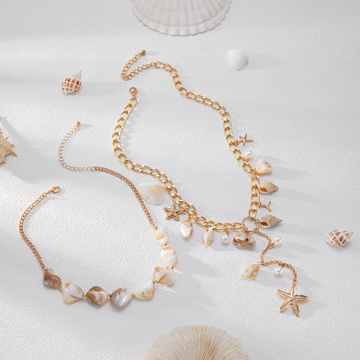 Beach Style 2pcs Conch Shell Starfish Pearl Tassel Y Necklace Set - ArtGalleryZen