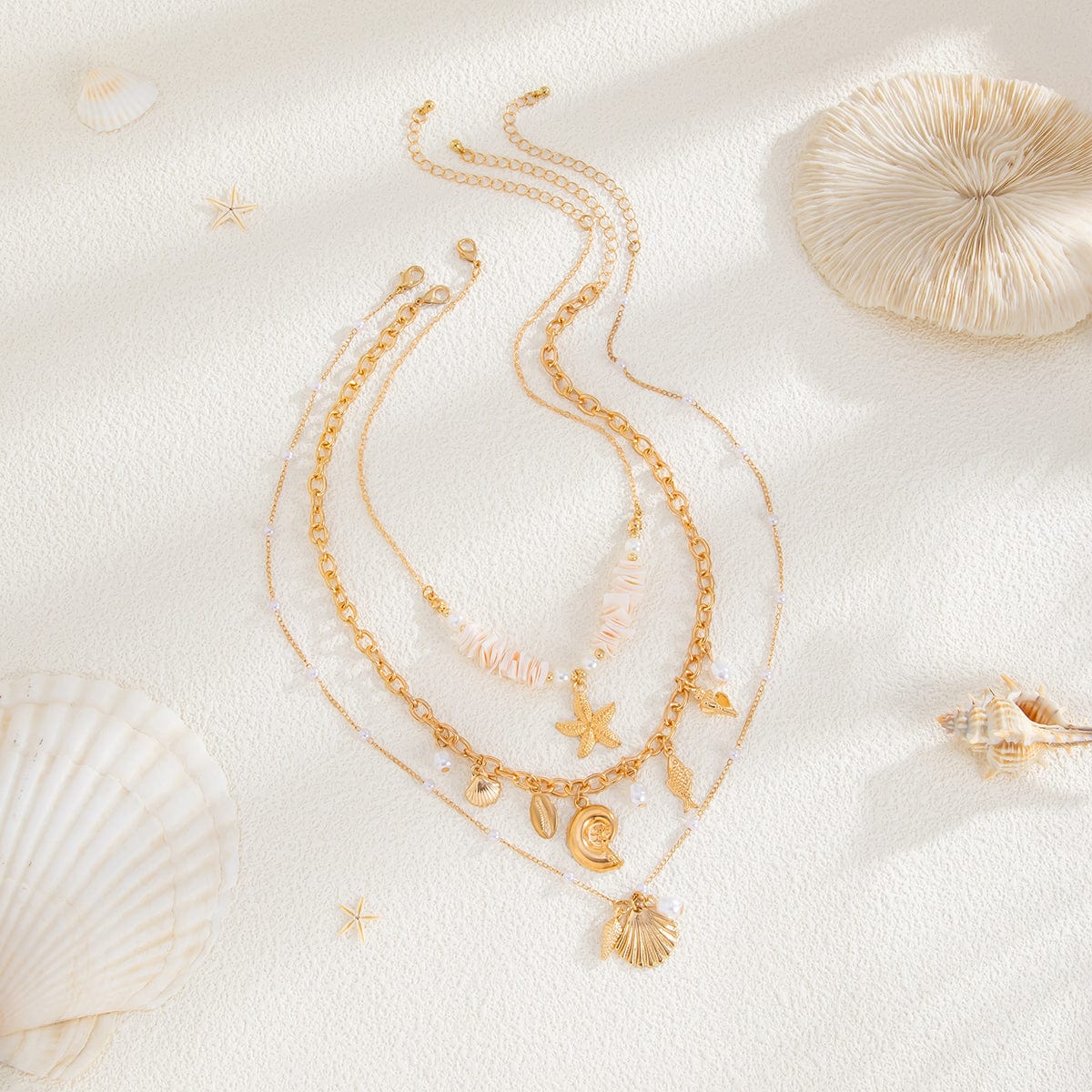 Beach Style 3pcs Conch Shell Starfish Pendant Pearl Chain Necklace Set - ArtGalleryZen