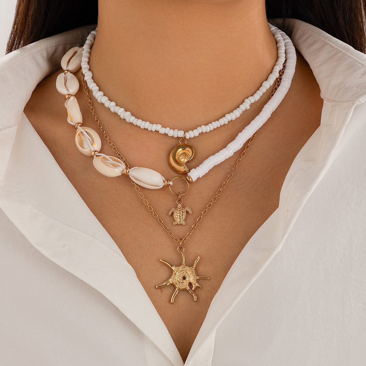 Beach Style 3Pcs Conch Starfish Turtle Pendant Seed Bead Necklace Set - ArtGalleryZen