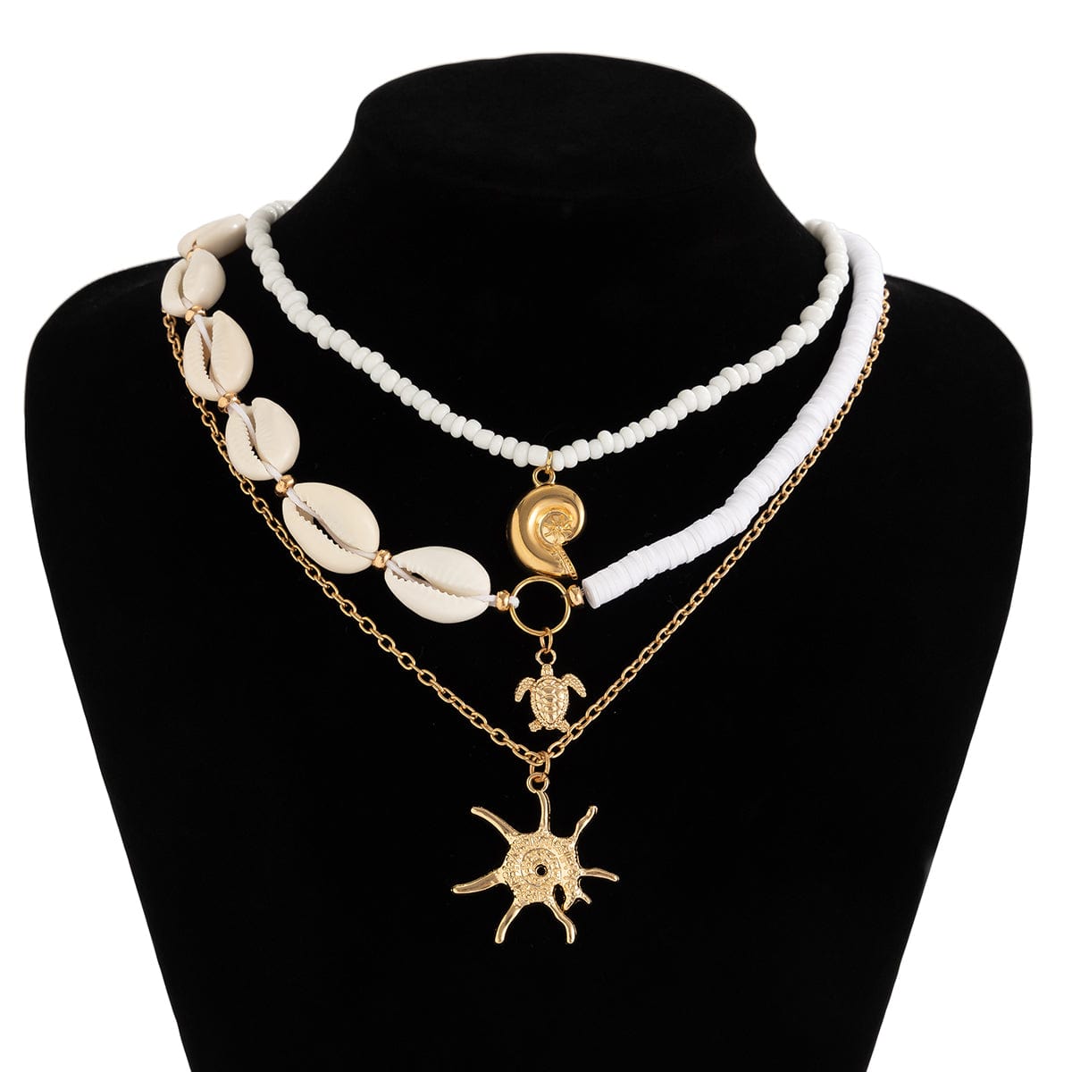 Beach Style 3Pcs Conch Starfish Turtle Pendant Seed Bead Necklace Set - ArtGalleryZen