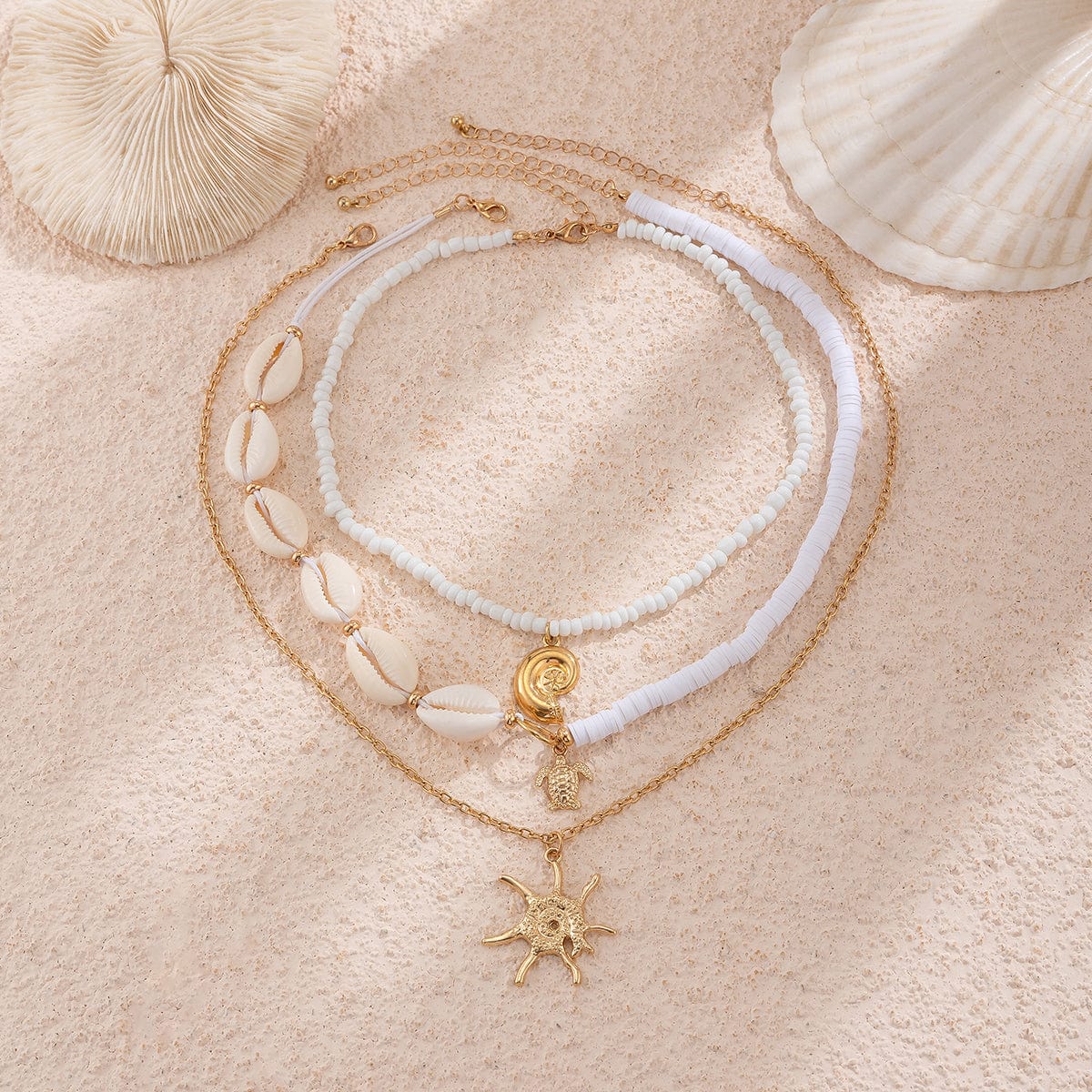 Beach Style 3Pcs Conch Starfish Turtle Pendant Seed Bead Necklace Set - ArtGalleryZen