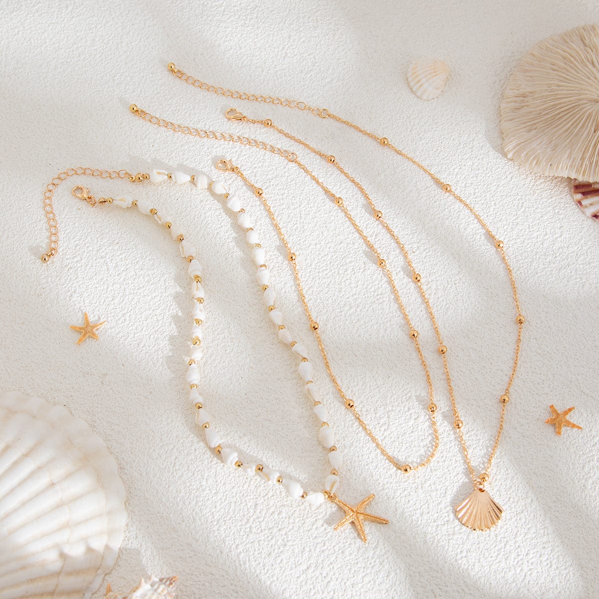 Beach Style 3pcs Shell Starfish Pendant Conch Chain Necklace Set - ArtGalleryZen
