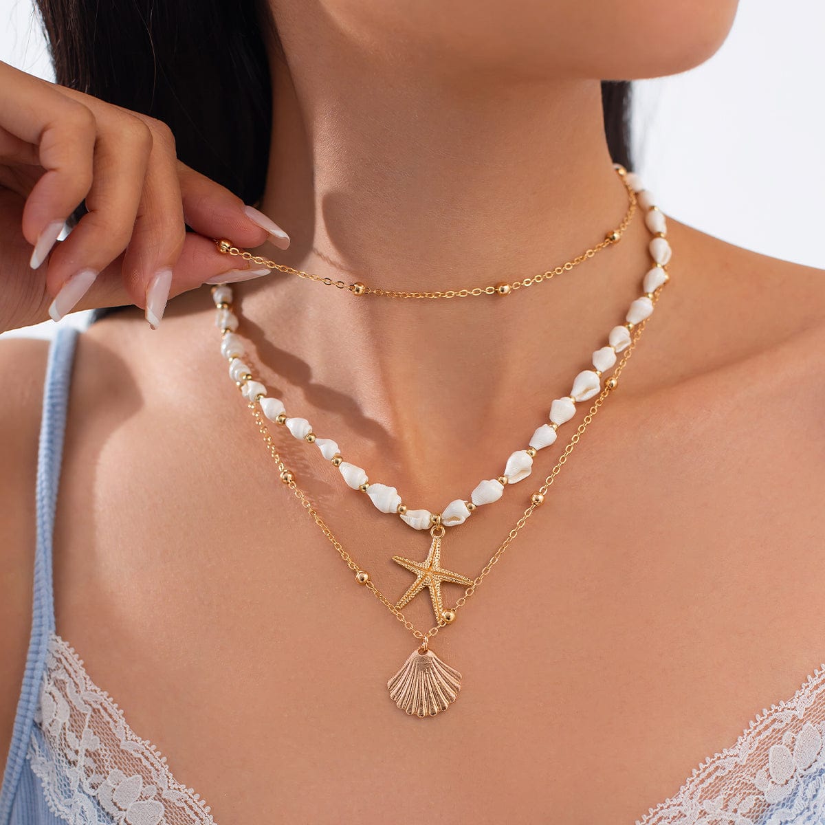 Beach Style 3pcs Shell Starfish Pendant Conch Chain Necklace Set - ArtGalleryZen