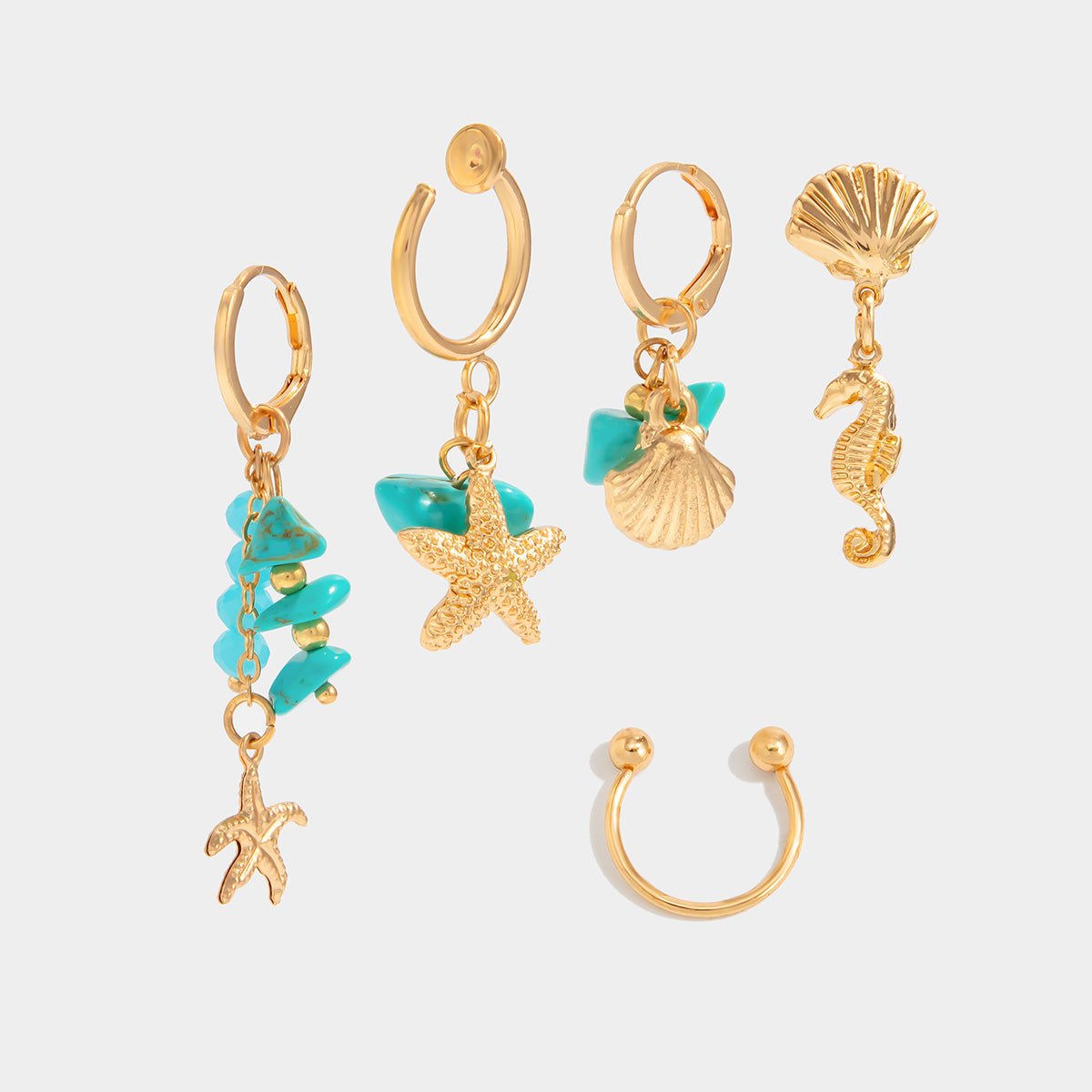 Beach Style 5 Pcs Dangling Turquoise Shell Starfish Seahorse Huggie Hoop Earrings Set - ArtGalleryZen