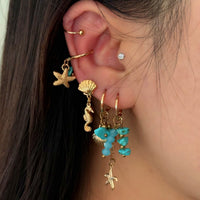Thumbnail for Beach Style 5 Pcs Dangling Turquoise Shell Starfish Seahorse Huggie Hoop Earrings Set - ArtGalleryZen