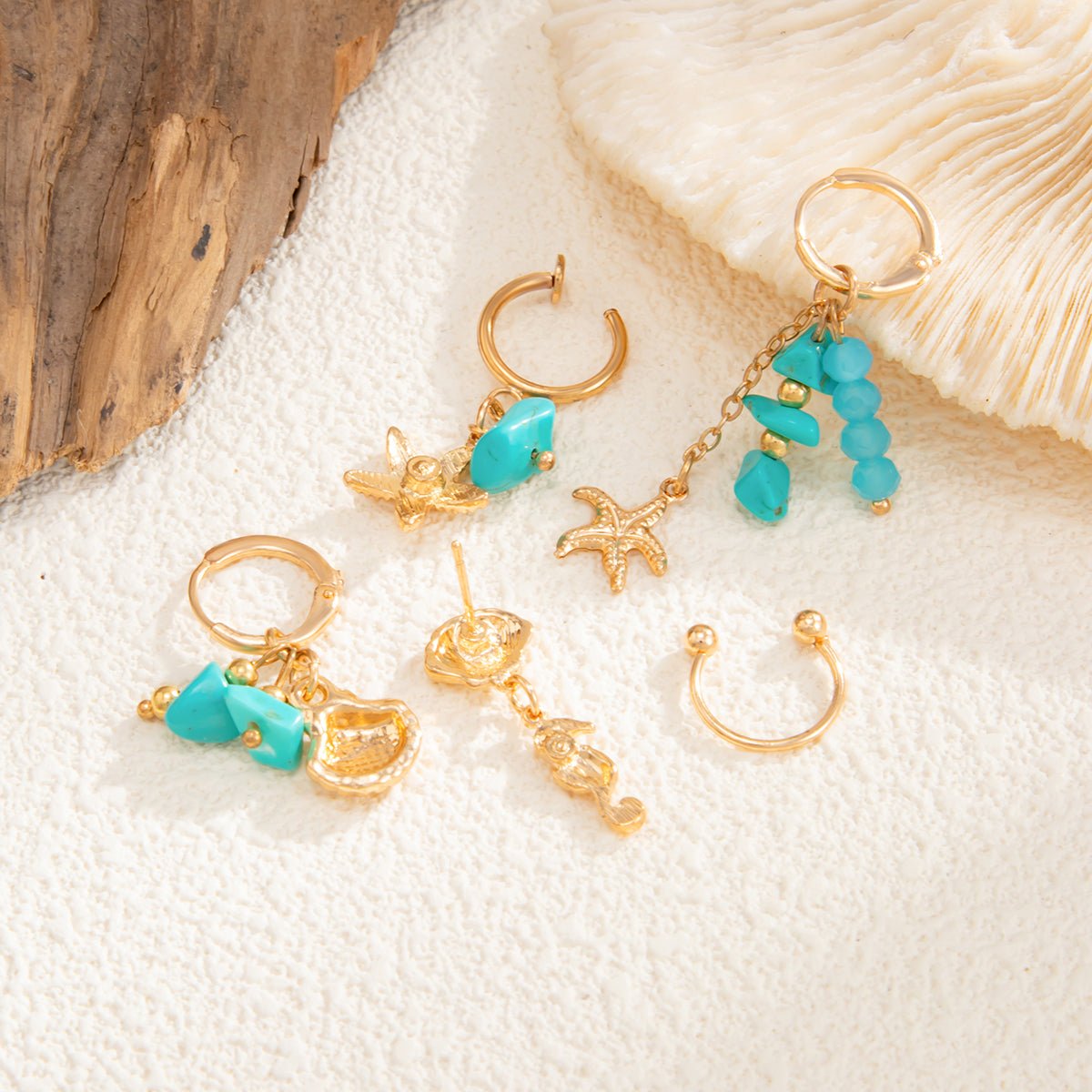 Beach Style 5 Pcs Dangling Turquoise Shell Starfish Seahorse Huggie Hoop Earrings Set - ArtGalleryZen
