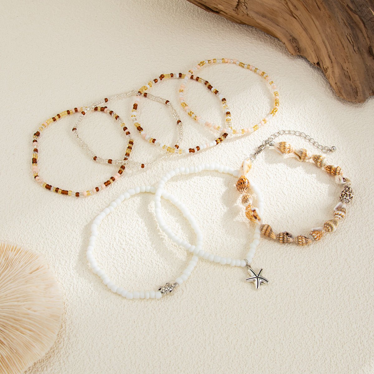 Beach Style 7pcs Starfish Charm Conch Seed Beaded Anklet Set - ArtGalleryZen