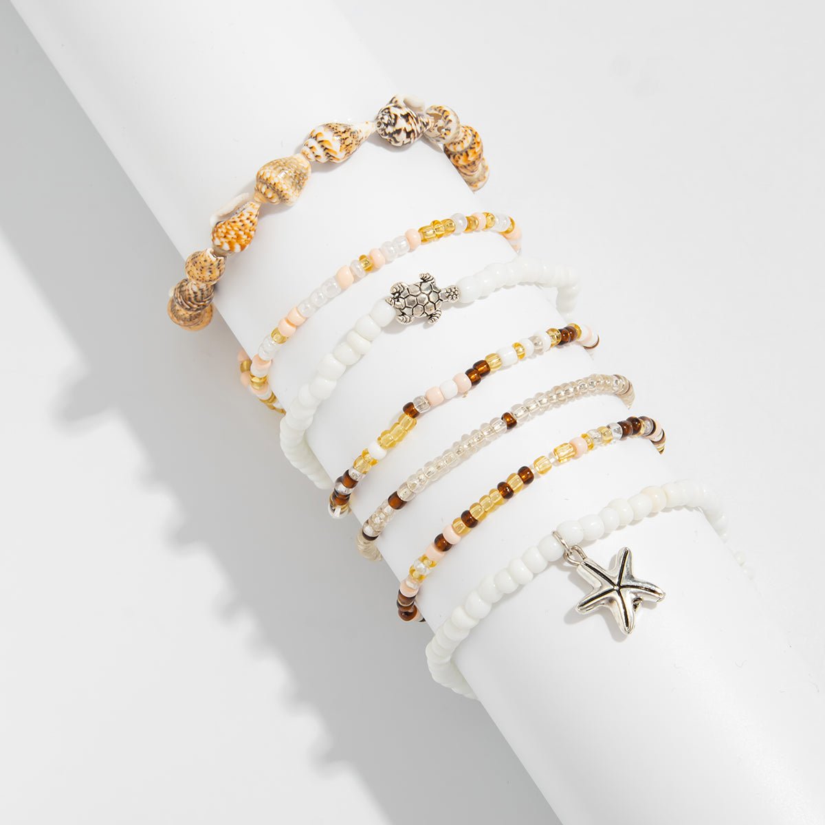 Beach Style 7pcs Starfish Charm Conch Seed Beaded Anklet Set - ArtGalleryZen