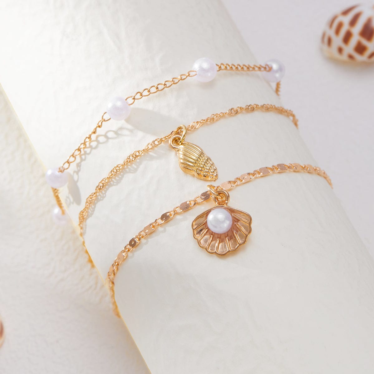 Beach Style Layered Conch Shell Charm Pearl Chain Anklet - ArtGalleryZen