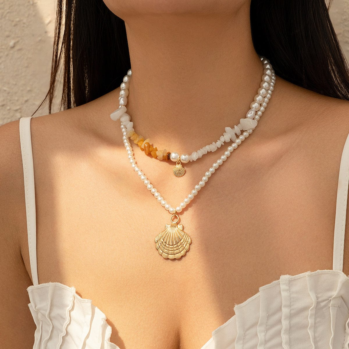 Beach Style Layered Shell Pendant Turquoise Stone Pearl Chain Necklace Set - ArtGalleryZen