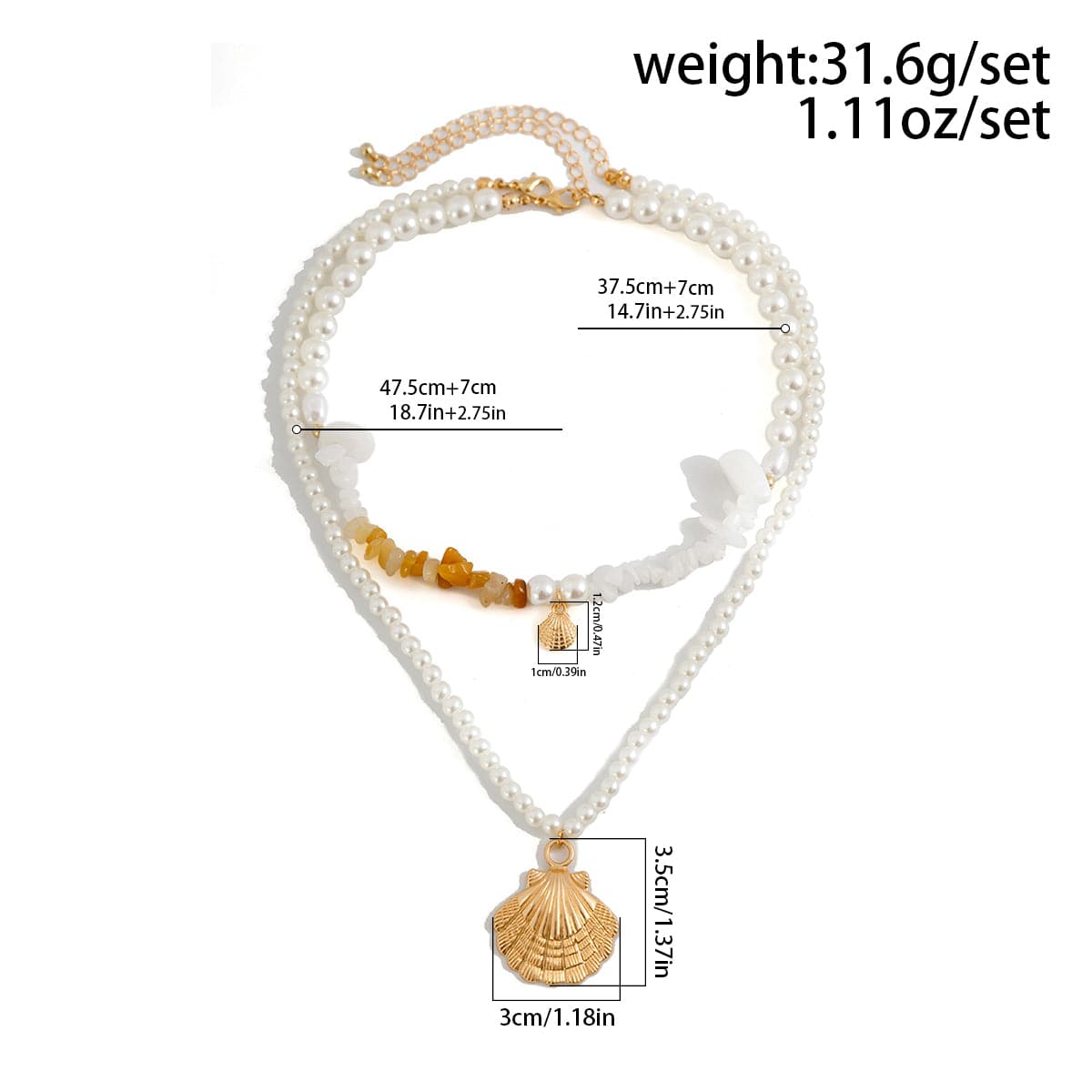 Beach Style Layered Shell Pendant Turquoise Stone Pearl Chain Necklace Set - ArtGalleryZen
