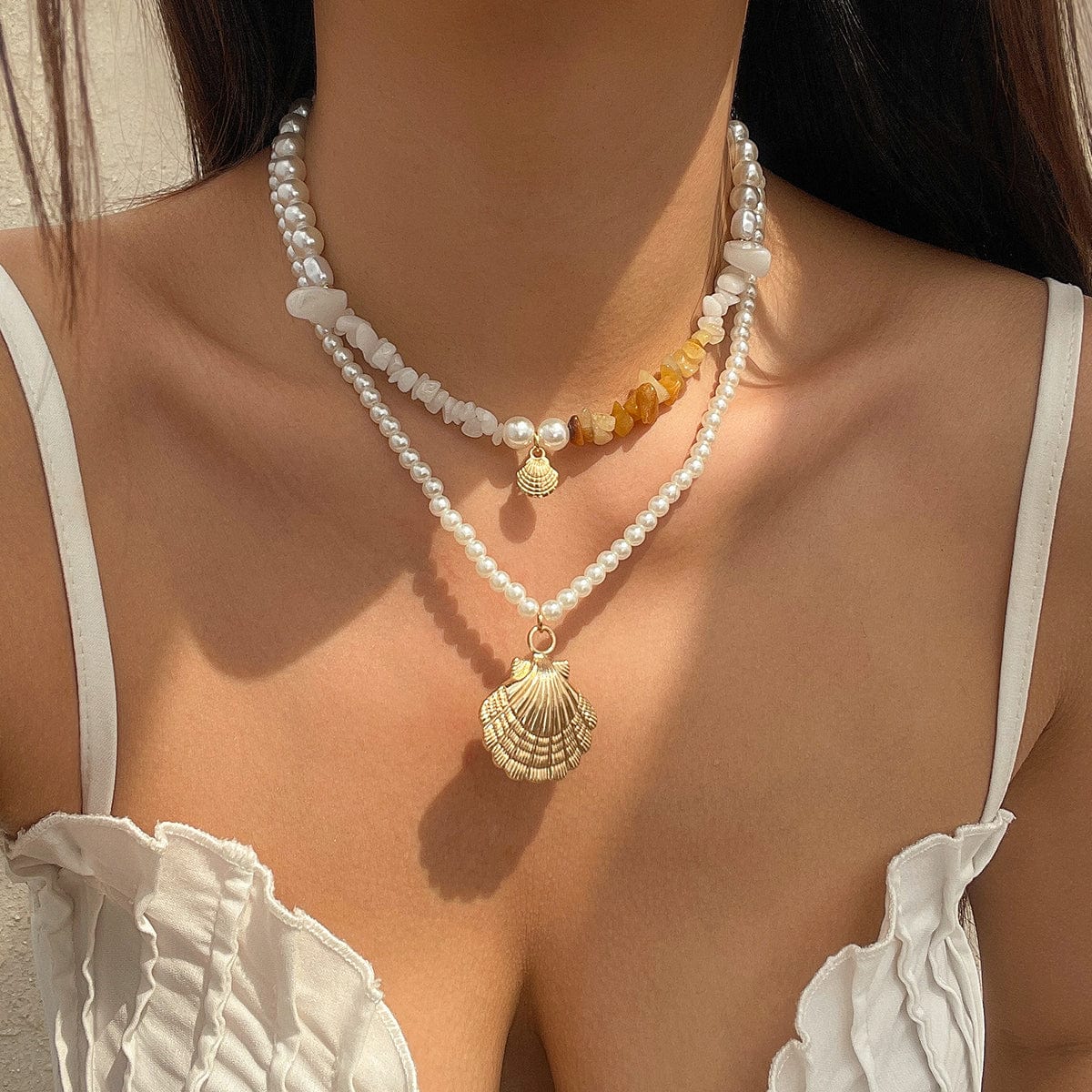 Beach Style Layered Shell Pendant Turquoise Stone Pearl Chain Necklace Set - ArtGalleryZen