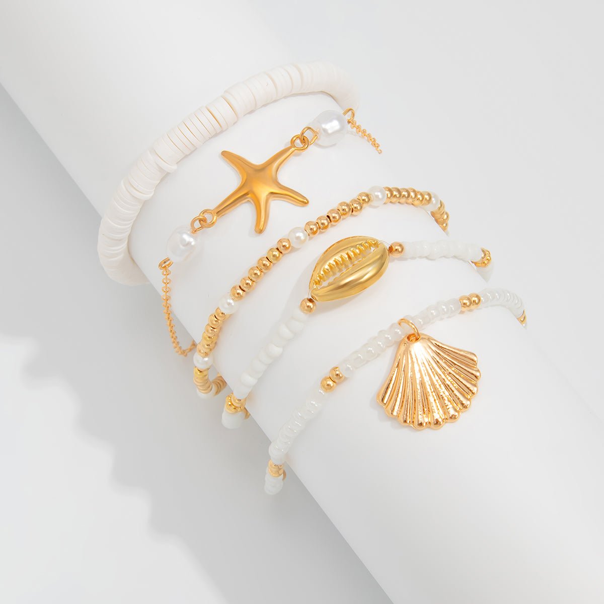 Beach Style Layered Shell Starfish Charm Seed Bead Anklet Set - ArtGalleryZen