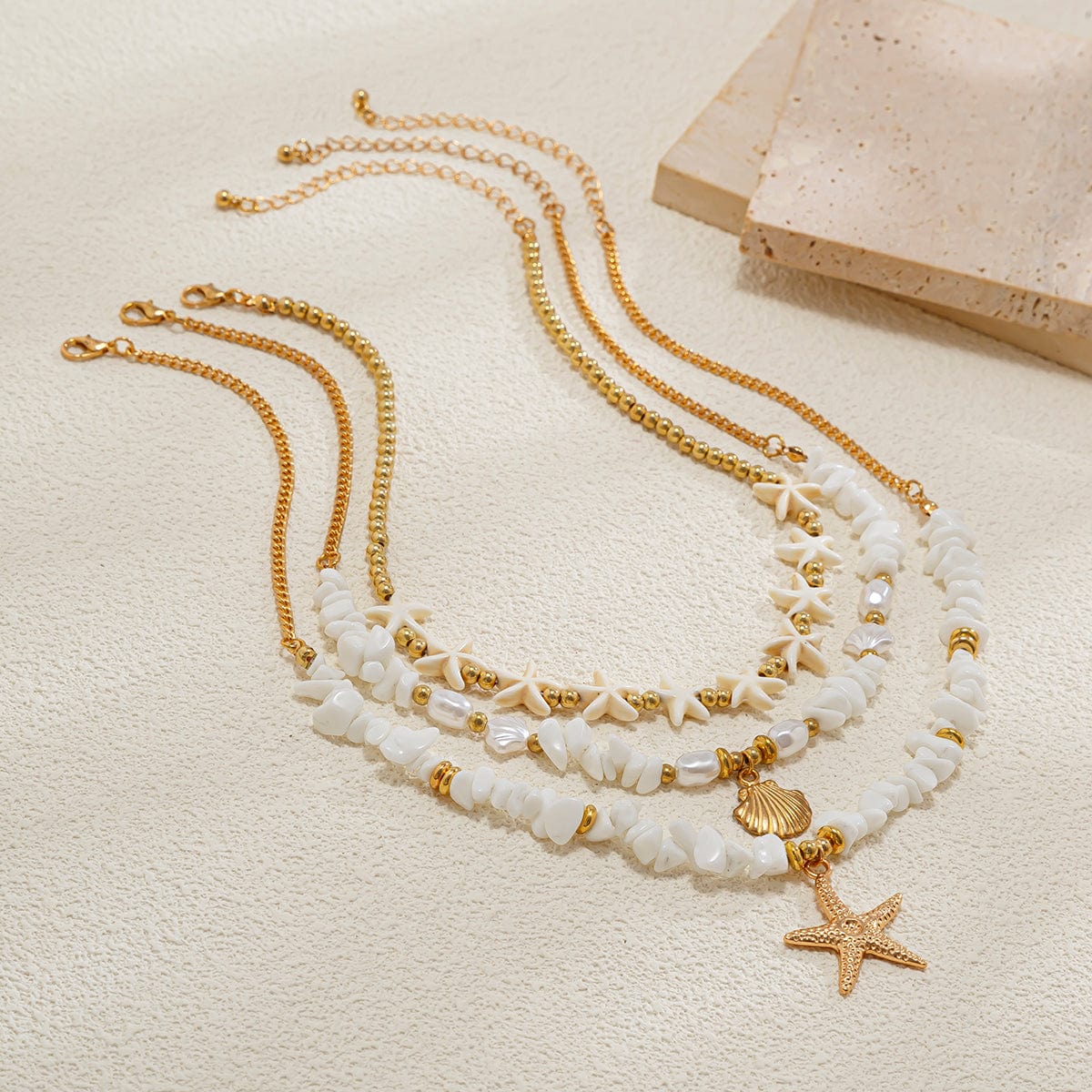 Beach Style Layered Shell Starfish Pendant Turquoise Stone Chain Necklace Set - ArtGalleryZen