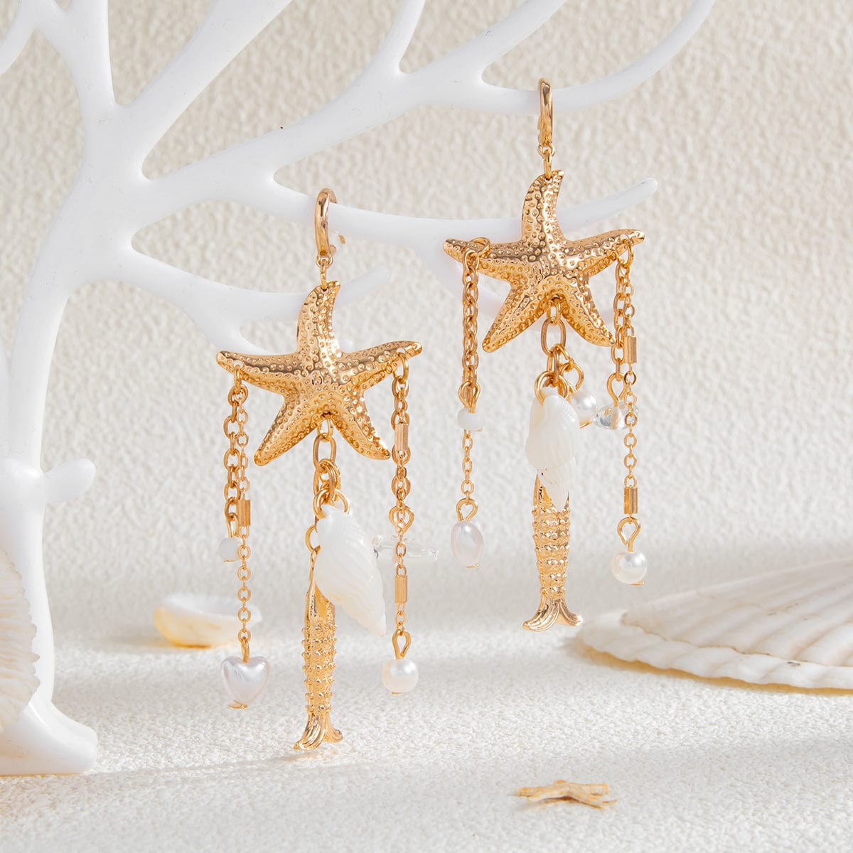 Beach Style Pearl Starfish Conch Goldfish Tassel Earrings - ArtGalleryZen