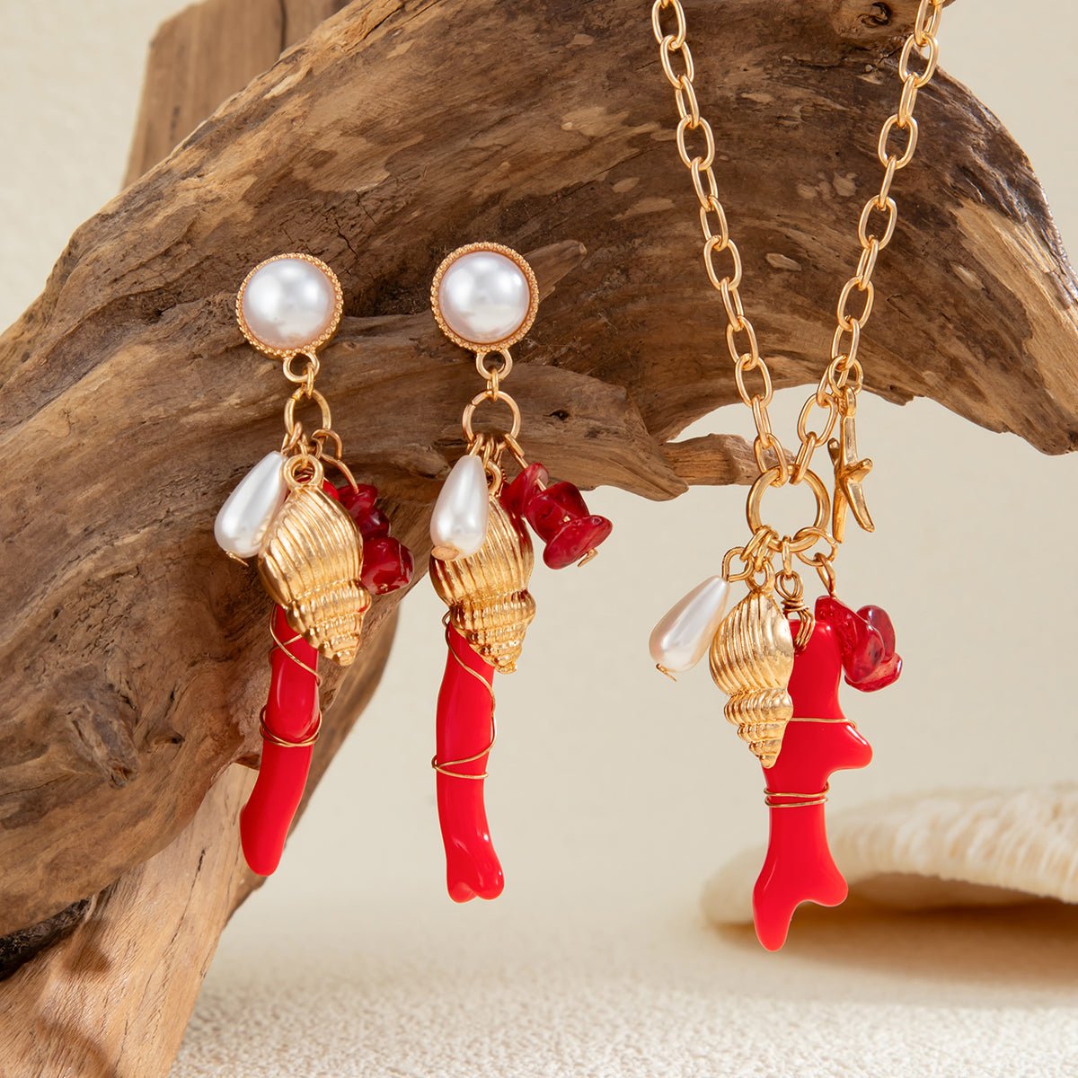Beach Style Red Coral Conch Pendant Necklace Earrings Set - ArtGalleryZen
