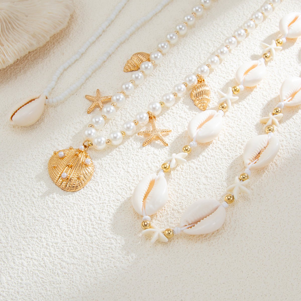 Bohemia 2pcs Conch Shell Starfish Charm Pearl Seed Beaded Waist Chain Set - ArtGalleryZen