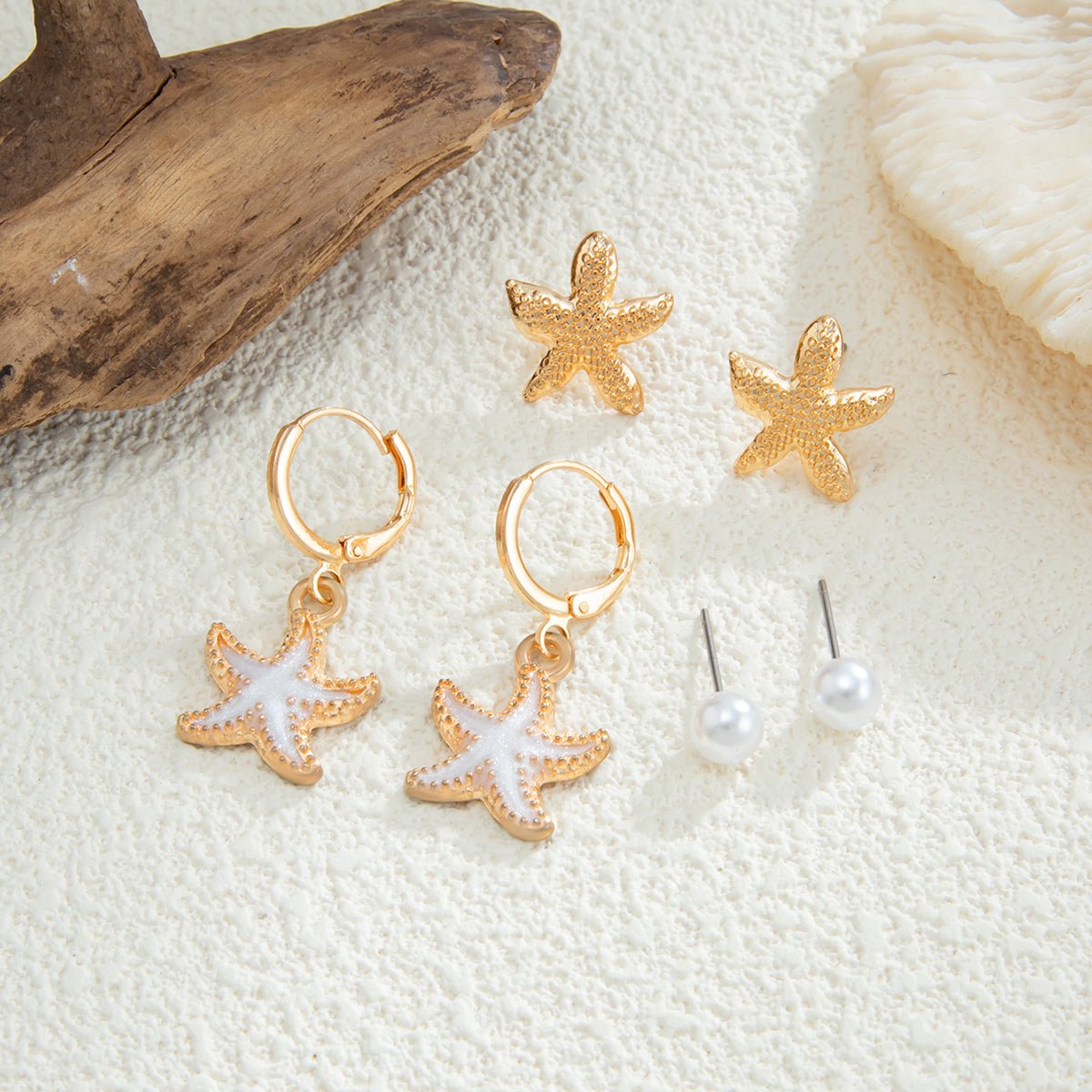 Bohemia 3 Pairs Pearl Enamel Shell Starfish Dangle Earrings Set - ArtGalleryZen