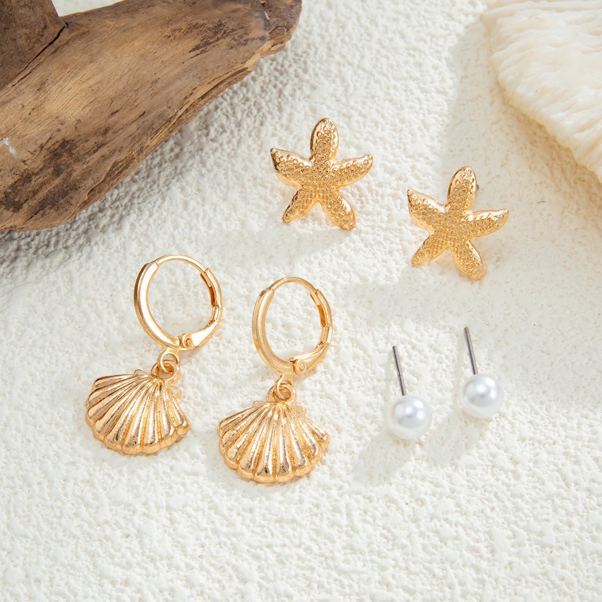 Bohemia 3 Pairs Pearl Enamel Shell Starfish Dangle Earrings Set - ArtGalleryZen