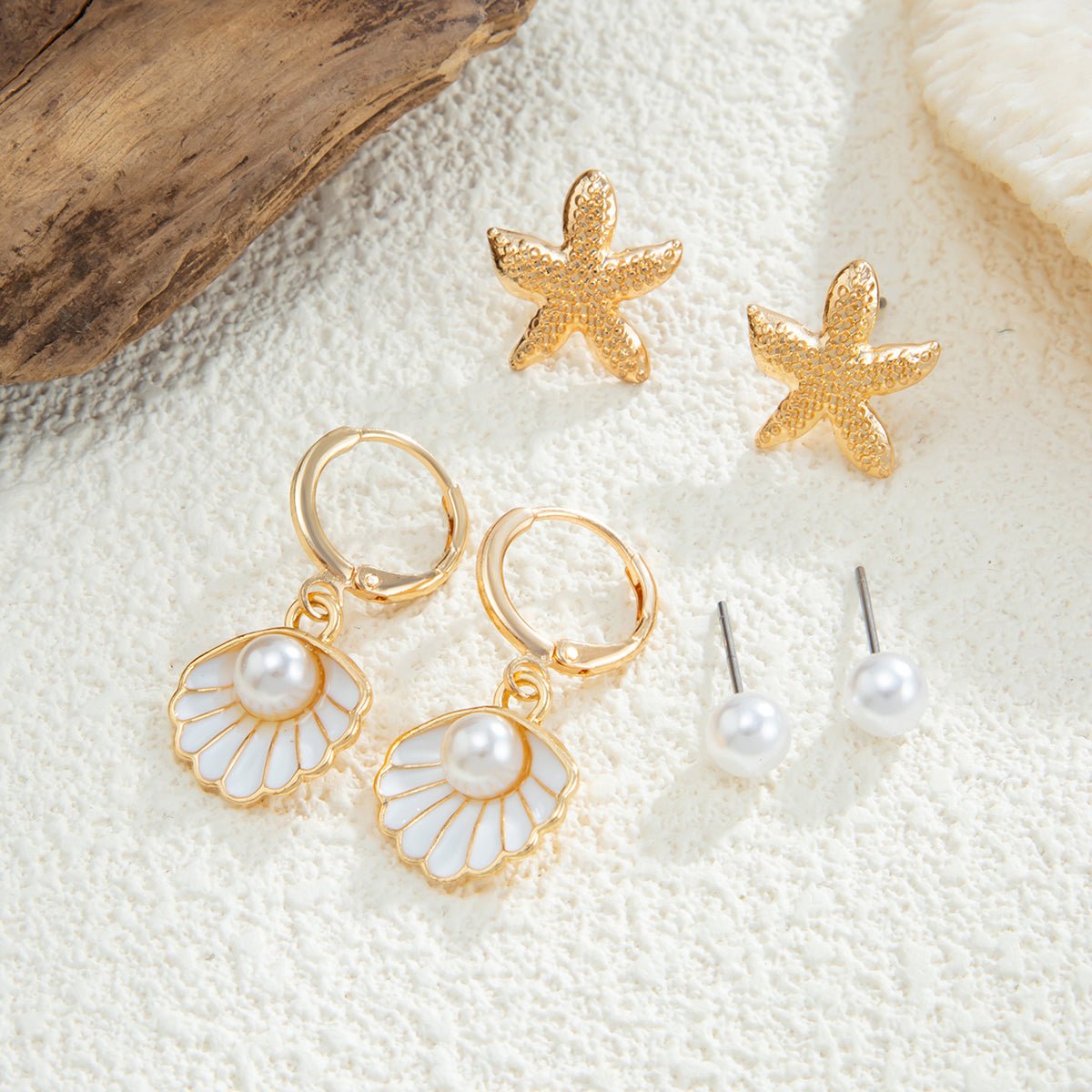 Bohemia 3 Pairs Pearl Enamel Shell Starfish Dangle Earrings Set - ArtGalleryZen