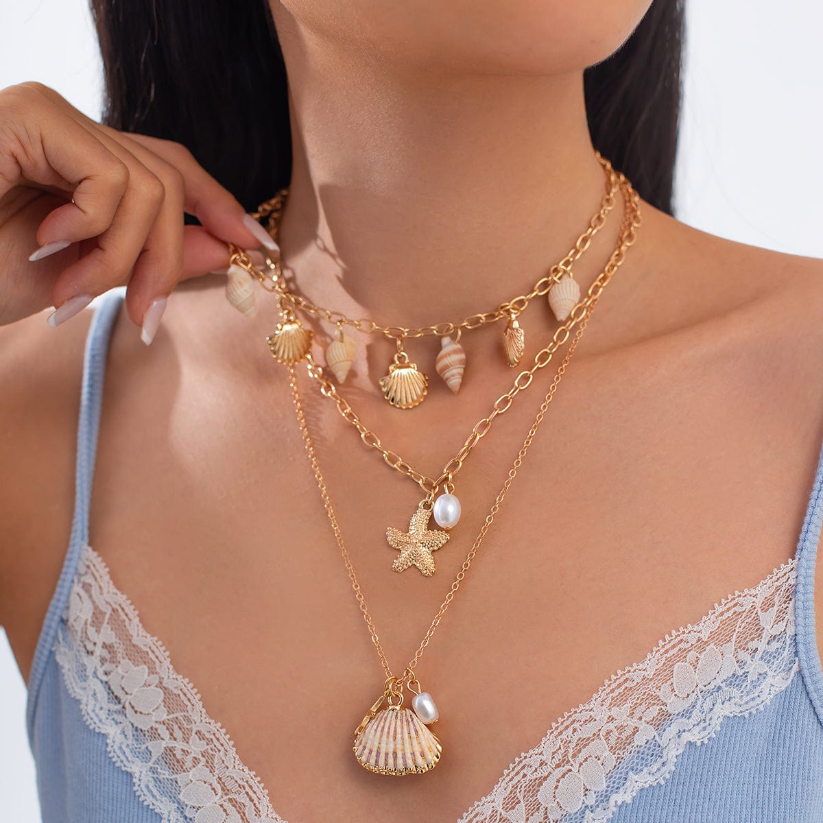 Bohemia 3pcs Conch Shell Starfish Pearl Pendant Necklace Set - ArtGalleryZen