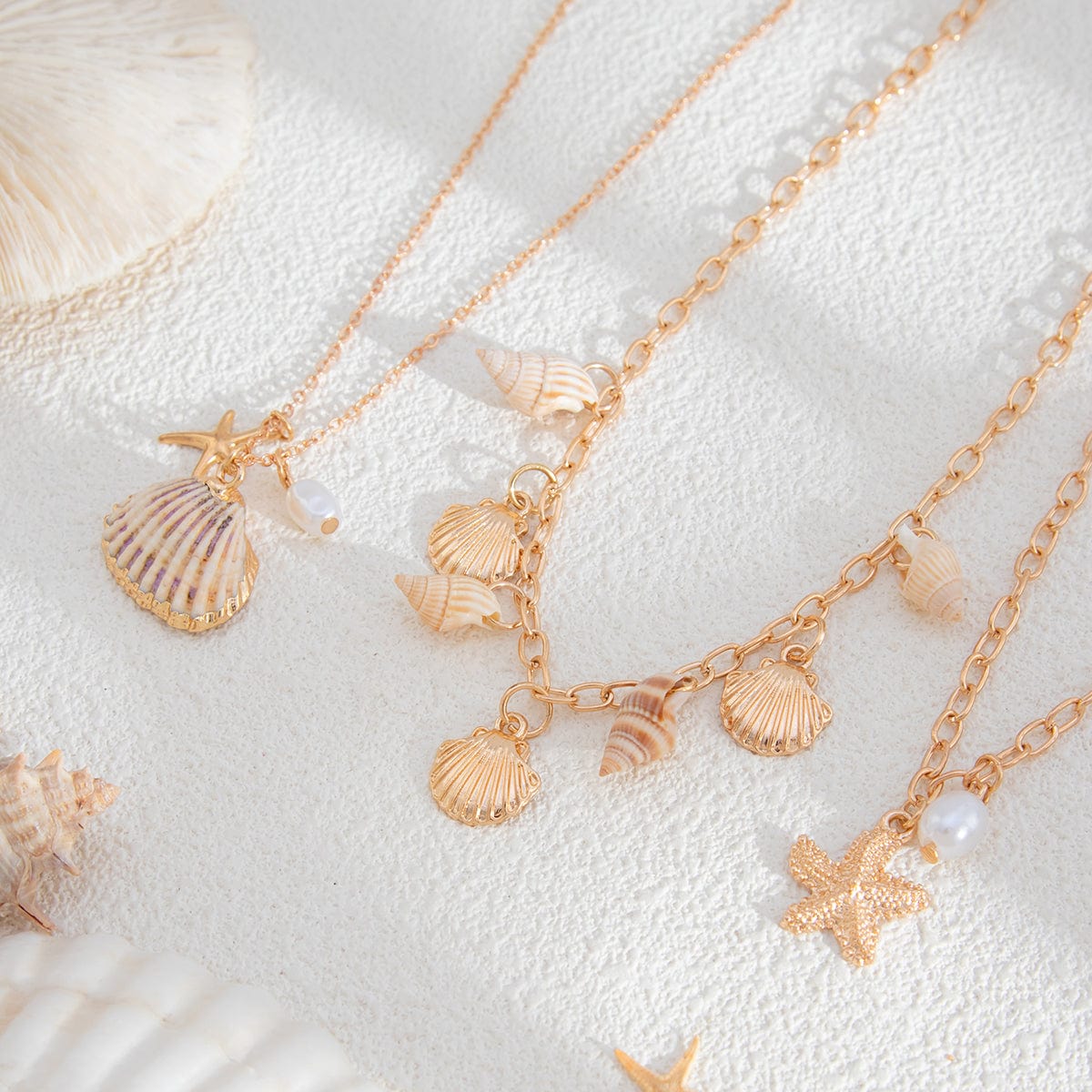 Bohemia 3pcs Conch Shell Starfish Pearl Pendant Necklace Set - ArtGalleryZen