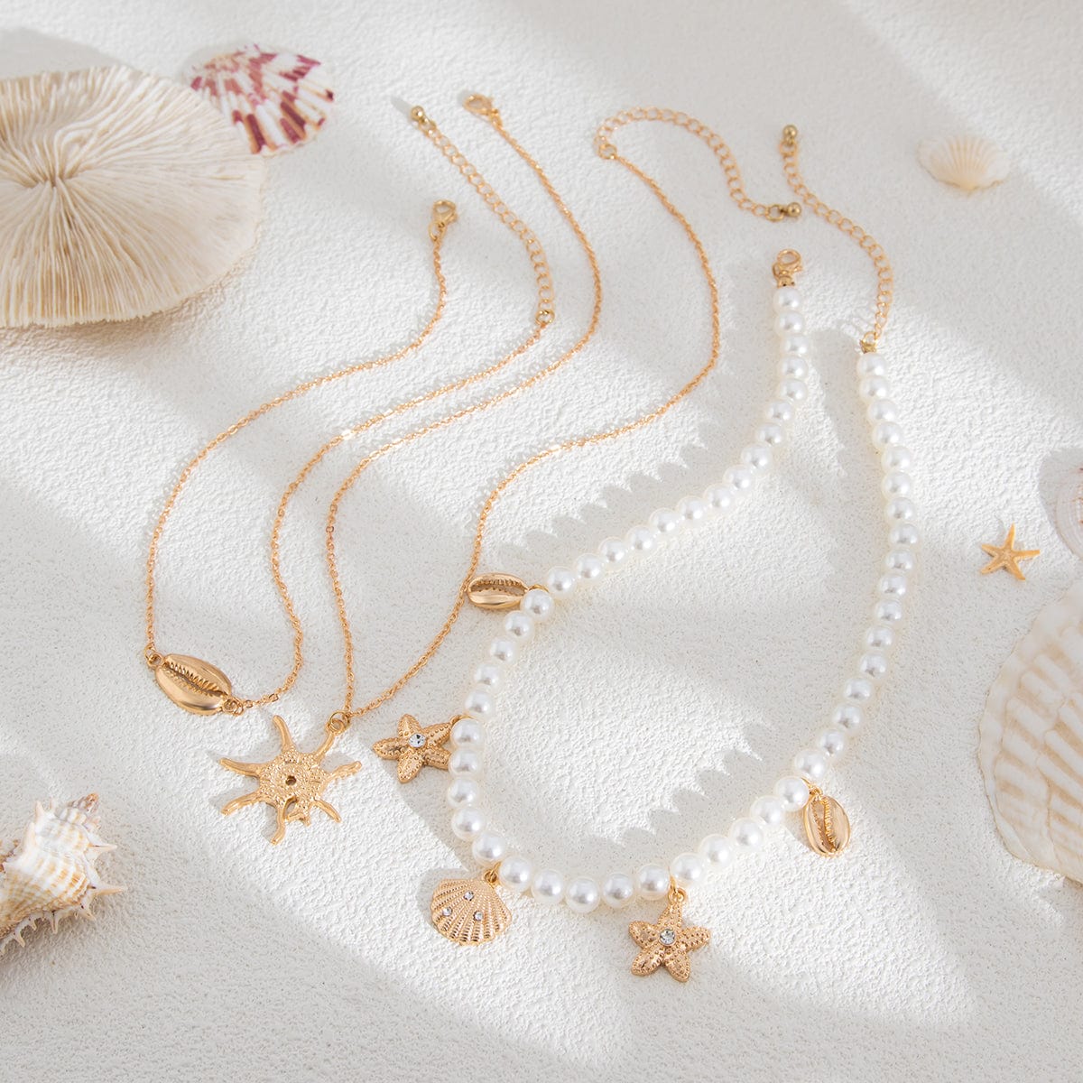 Bohemia 3pcs Conch Shell Starfish Pendant Pearl Chain Necklace Set - ArtGalleryZen