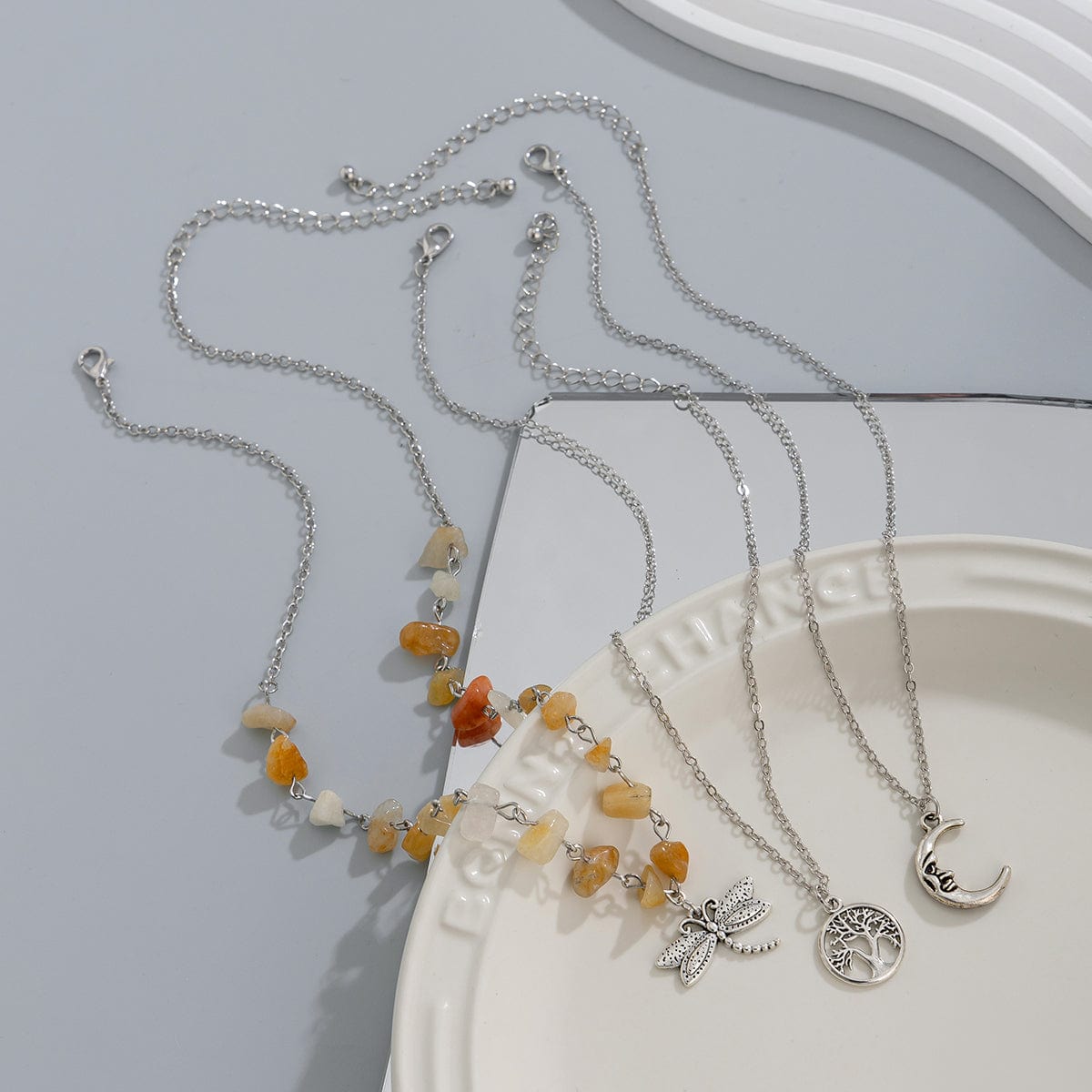Bohemia 3Pcs Dragonfly Moon Tree Pendant Turquoise Stone Necklace Set - ArtGalleryZen