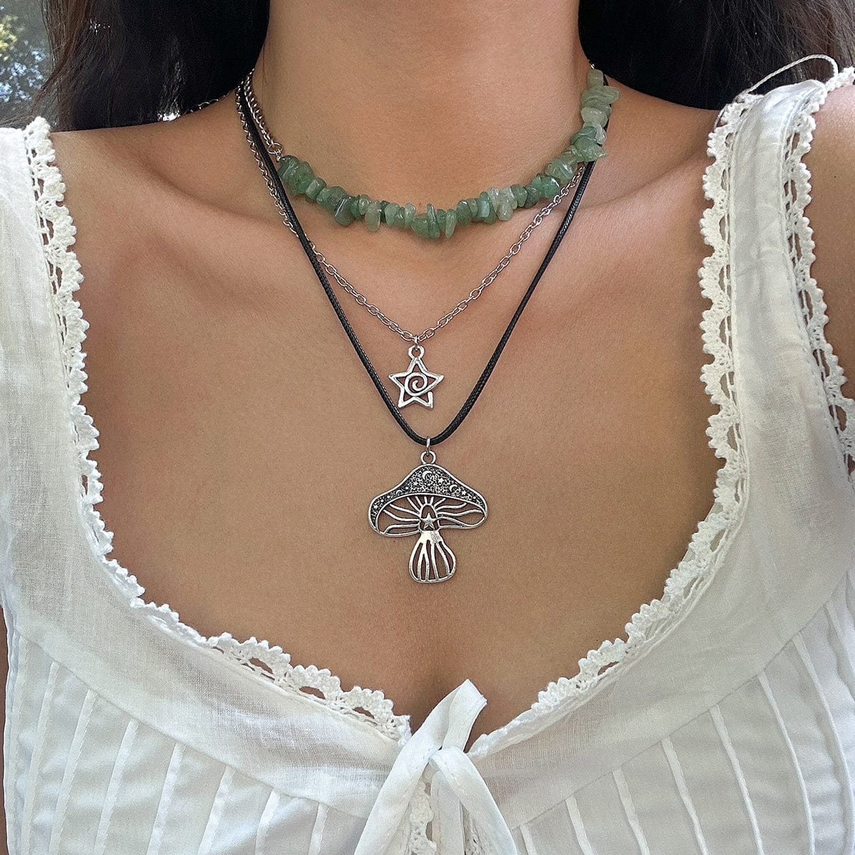 Bohemia 3Pcs Mushroom Star Pendant Turquoise Stone Necklace Set - ArtGalleryZen