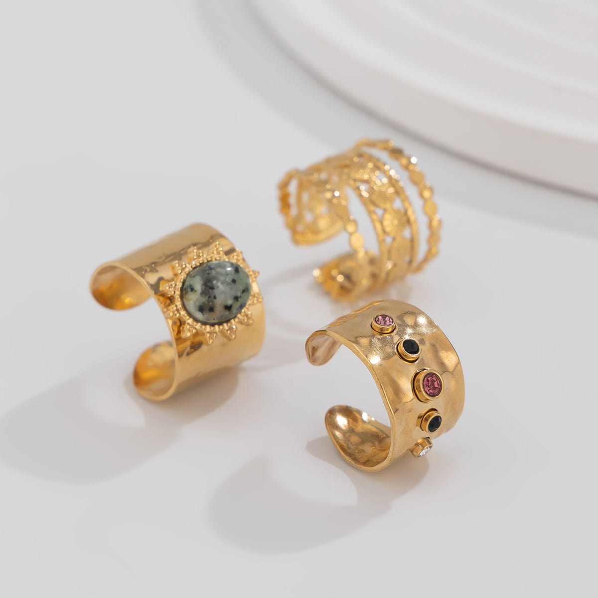 Bohemia 3pcs Natural Stone Inlaid Hollow Wide Open Ring Set - ArtGalleryZen