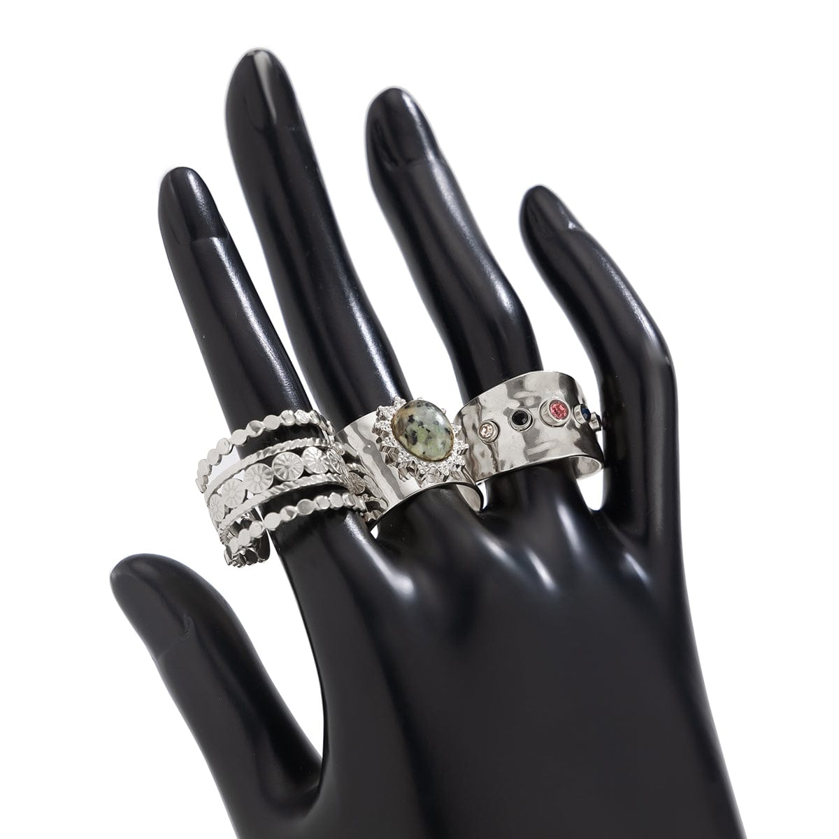 Bohemia 3pcs Natural Stone Inlaid Hollow Wide Open Ring Set - ArtGalleryZen