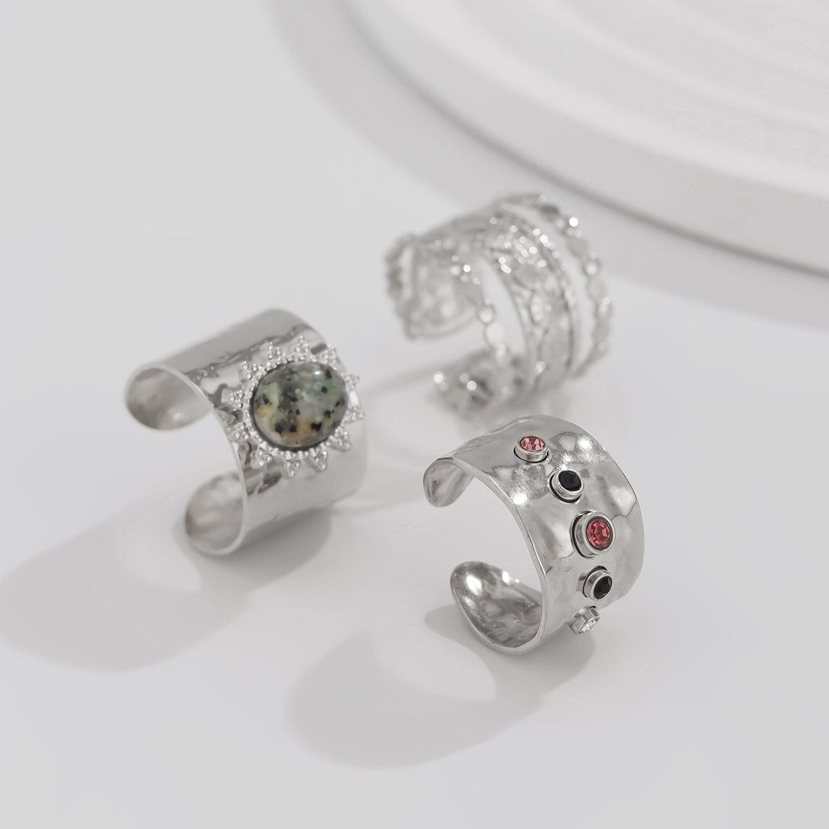 Bohemia 3pcs Natural Stone Inlaid Hollow Wide Open Ring Set - ArtGalleryZen