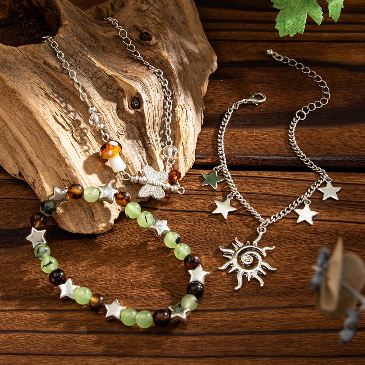 Bohemia 3pcs Sun Star Mushroom Charm Glass Beaded Bracelet Set - ArtGalleryZen