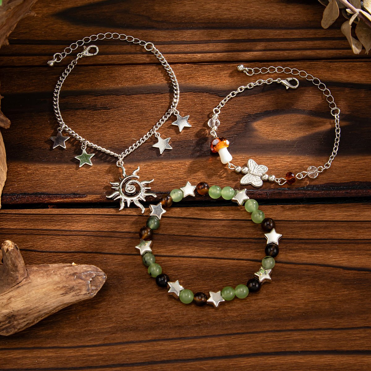 Bohemia 3pcs Sun Star Mushroom Charm Glass Beaded Bracelet Set - ArtGalleryZen