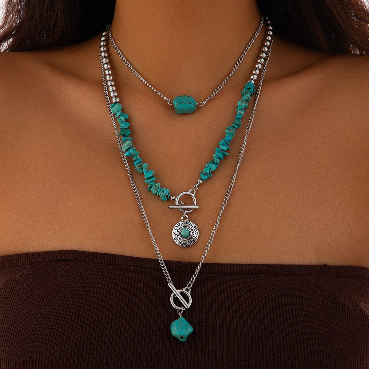 Bohemia 3pcs Toggle Clasp Turquoise Round Disc Pendant Necklace Set - ArtGalleryZen