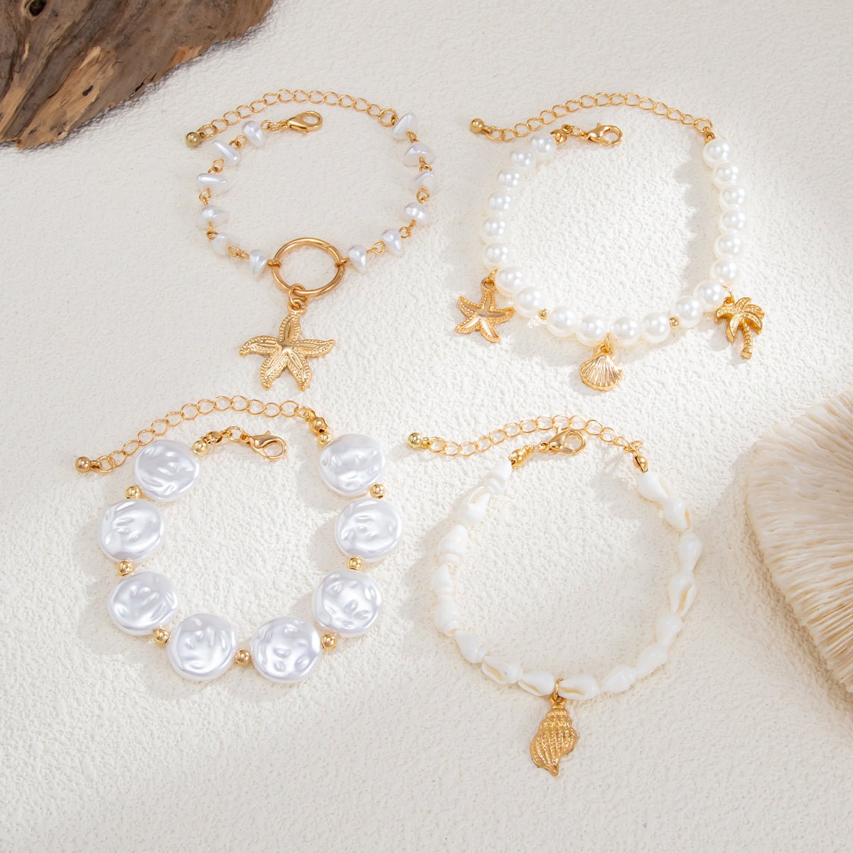 Bohemia 4pcs Coconut Tree Conch Shell Starfish Pearl Chain Bracelet Set - ArtGalleryZen