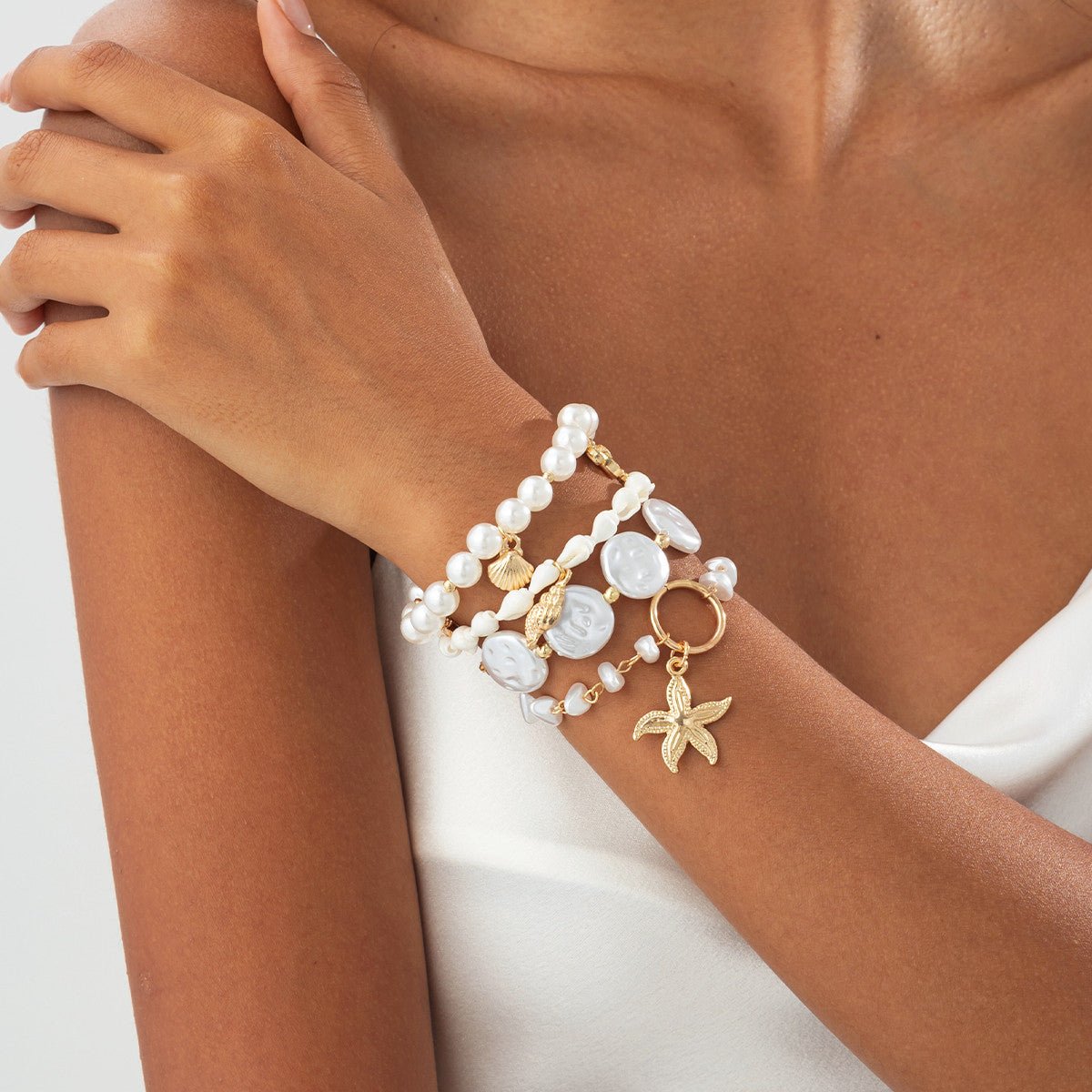 Bohemia 4pcs Coconut Tree Conch Shell Starfish Pearl Chain Bracelet Set - ArtGalleryZen