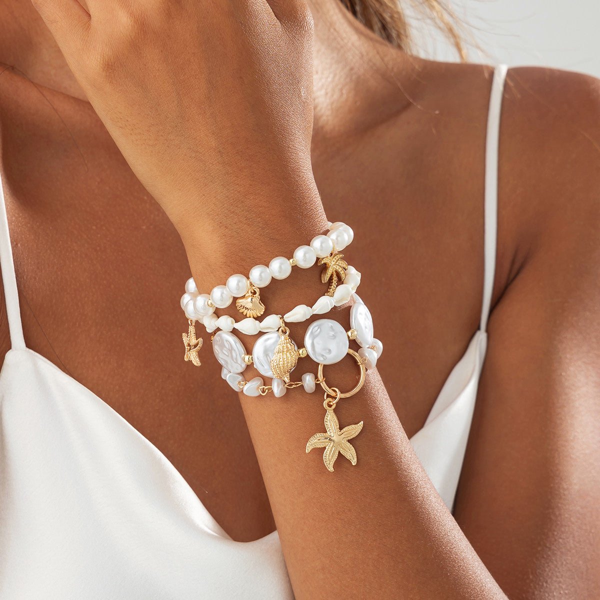 Bohemia 4pcs Coconut Tree Conch Shell Starfish Pearl Chain Bracelet Set - ArtGalleryZen