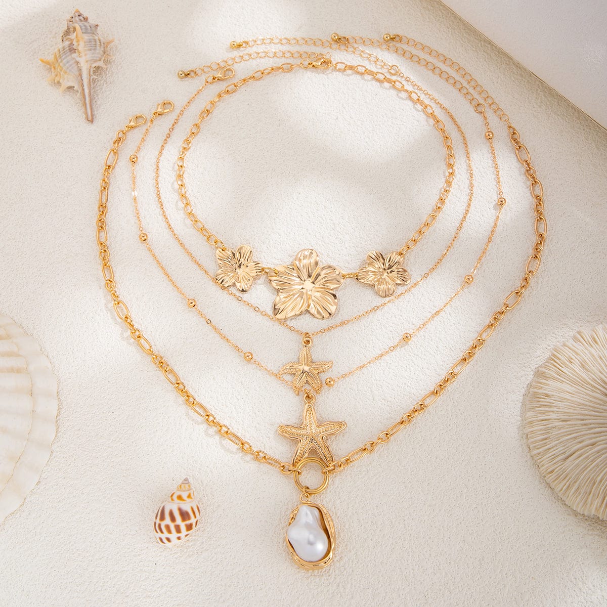 Bohemia 4pcs Irregular Pearl Flower Starfish Pendant Necklace Set - ArtGalleryZen