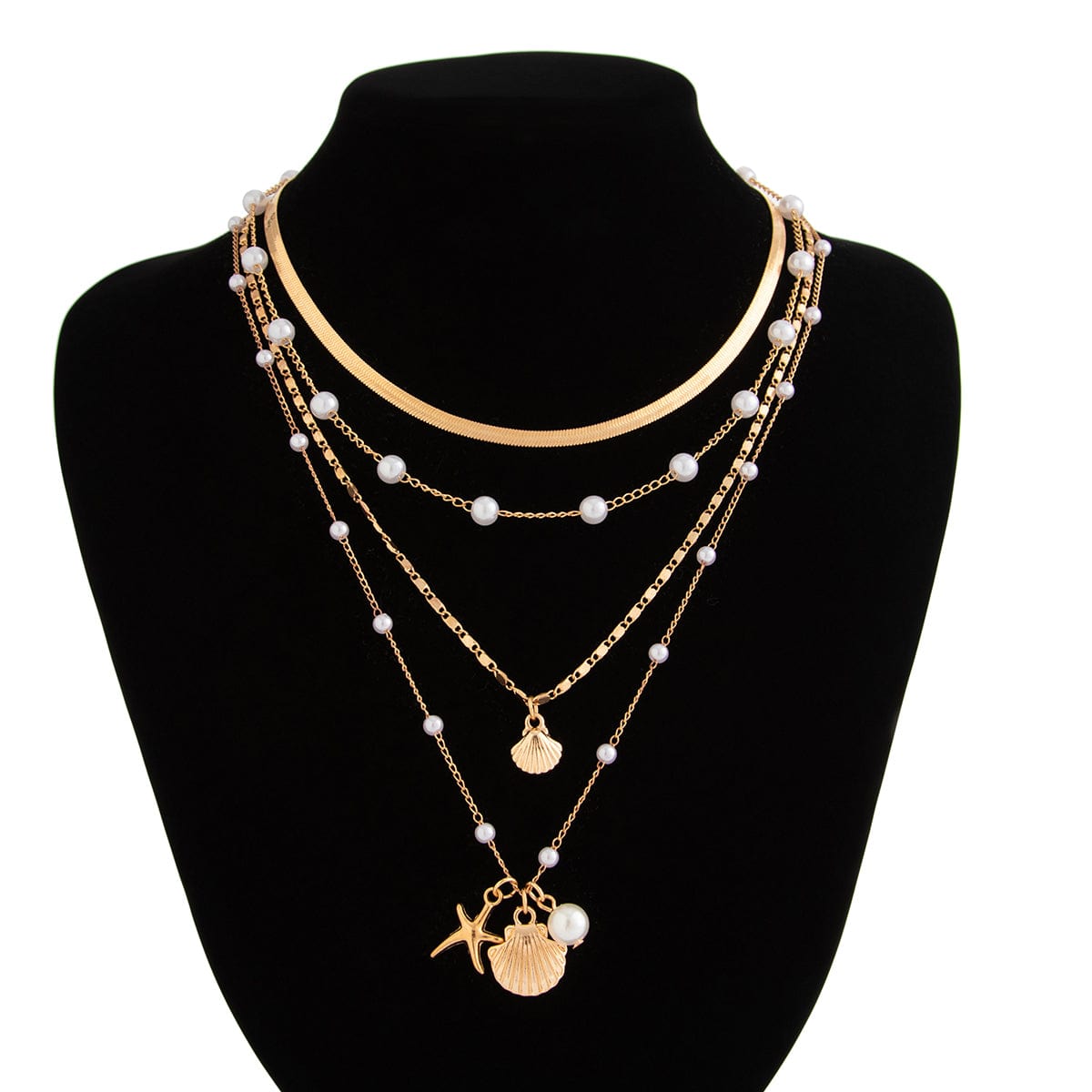 Bohemia 4pcs Shell Starfish Charm Pearl Snake Chain Necklace Set - ArtGalleryZen
