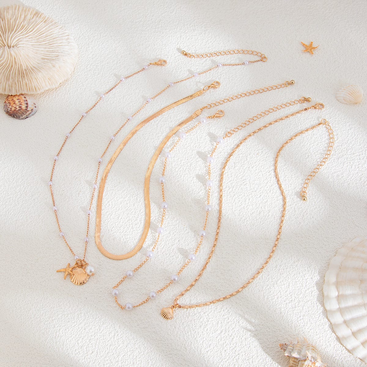 Bohemia 4pcs Shell Starfish Charm Pearl Snake Chain Necklace Set - ArtGalleryZen