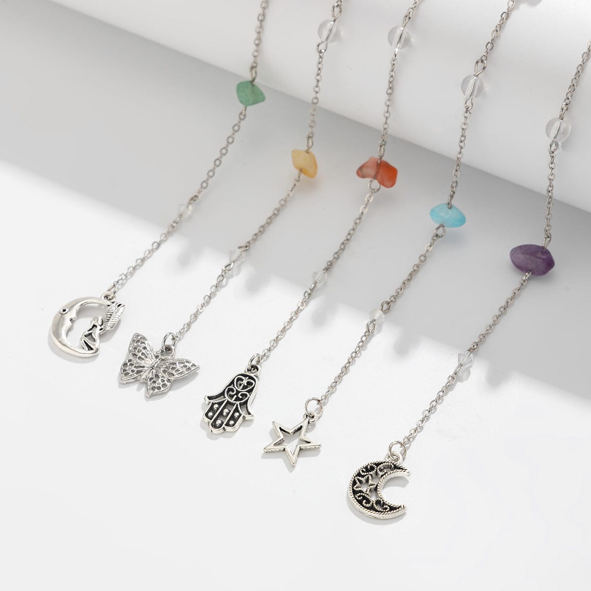 Bohemia 5pcs Moon Star Butterfly Charm Long Crystal Stone Chain Hair Braids Ring Set - ArtGalleryZen