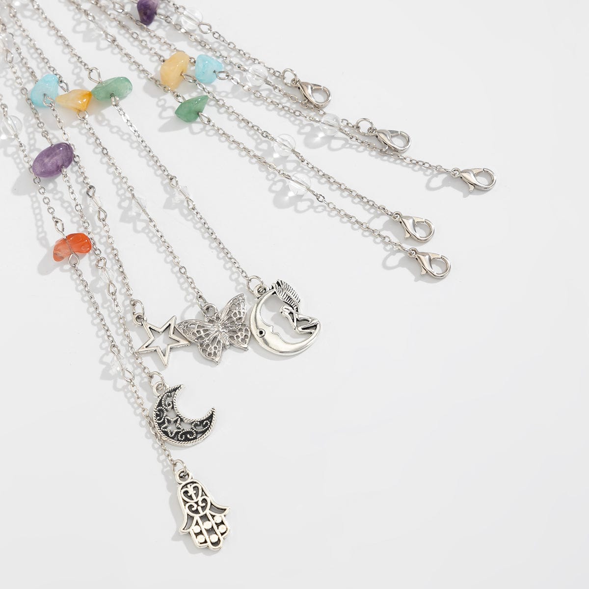 Bohemia 5pcs Moon Star Butterfly Charm Long Crystal Stone Chain Hair Braids Ring Set - ArtGalleryZen